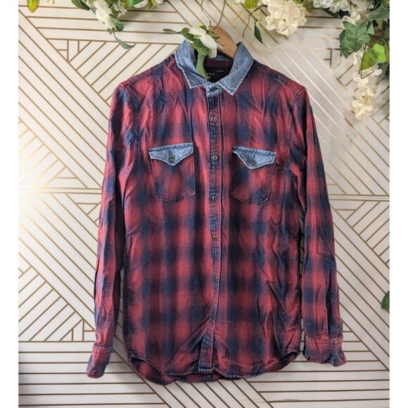 ZARA MAN Men's Plaid Red Blue Button Up Slim Fit Long Sleeve Collar Size Medium - Picture 1 of 7
